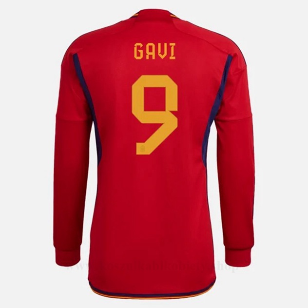 Tanie Koszulki Piłkarskie Hiszpania Puchar Świata 2022 GAVI #9 Długi rękaw Domowa